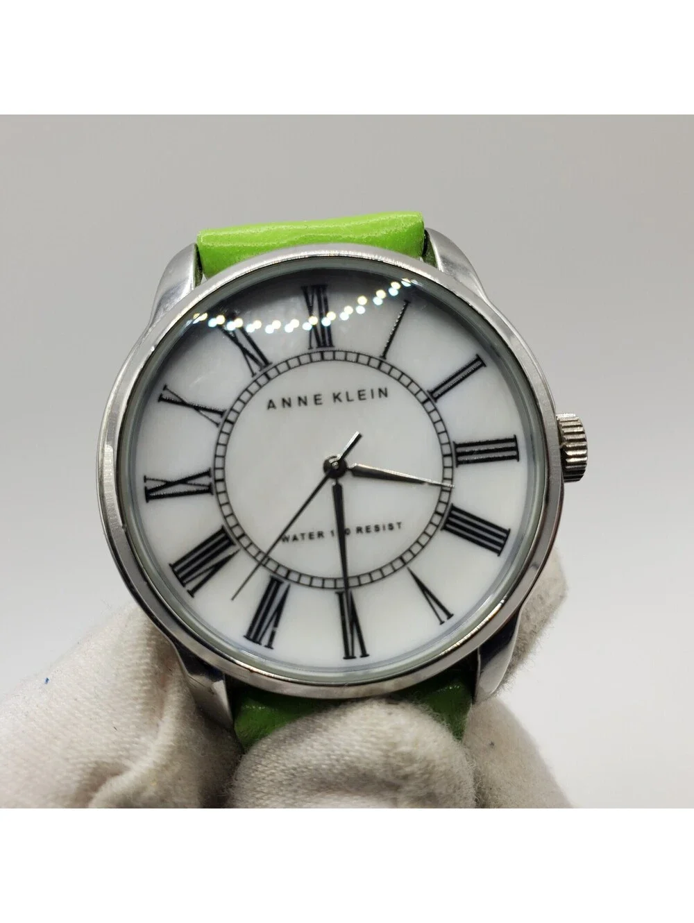 Anne Klein Women's Watch 36mm White Roman Numerals Dial Green Band New Battery
